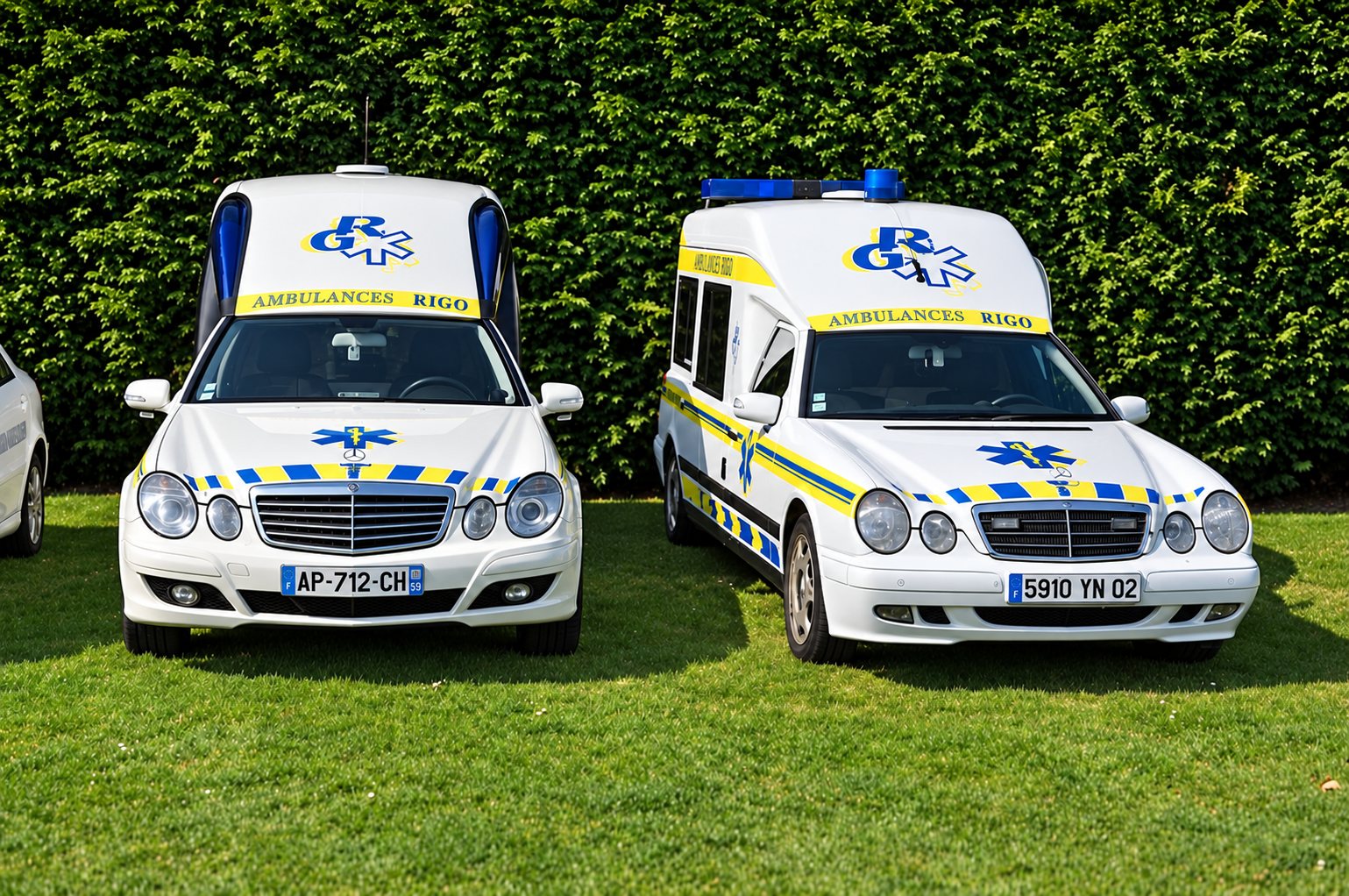 Deux ambulances blanches aux bandes jaunes et bleues, marquées Ambulances Rigo, garées côte à côte sur une pelouse devant une haie.